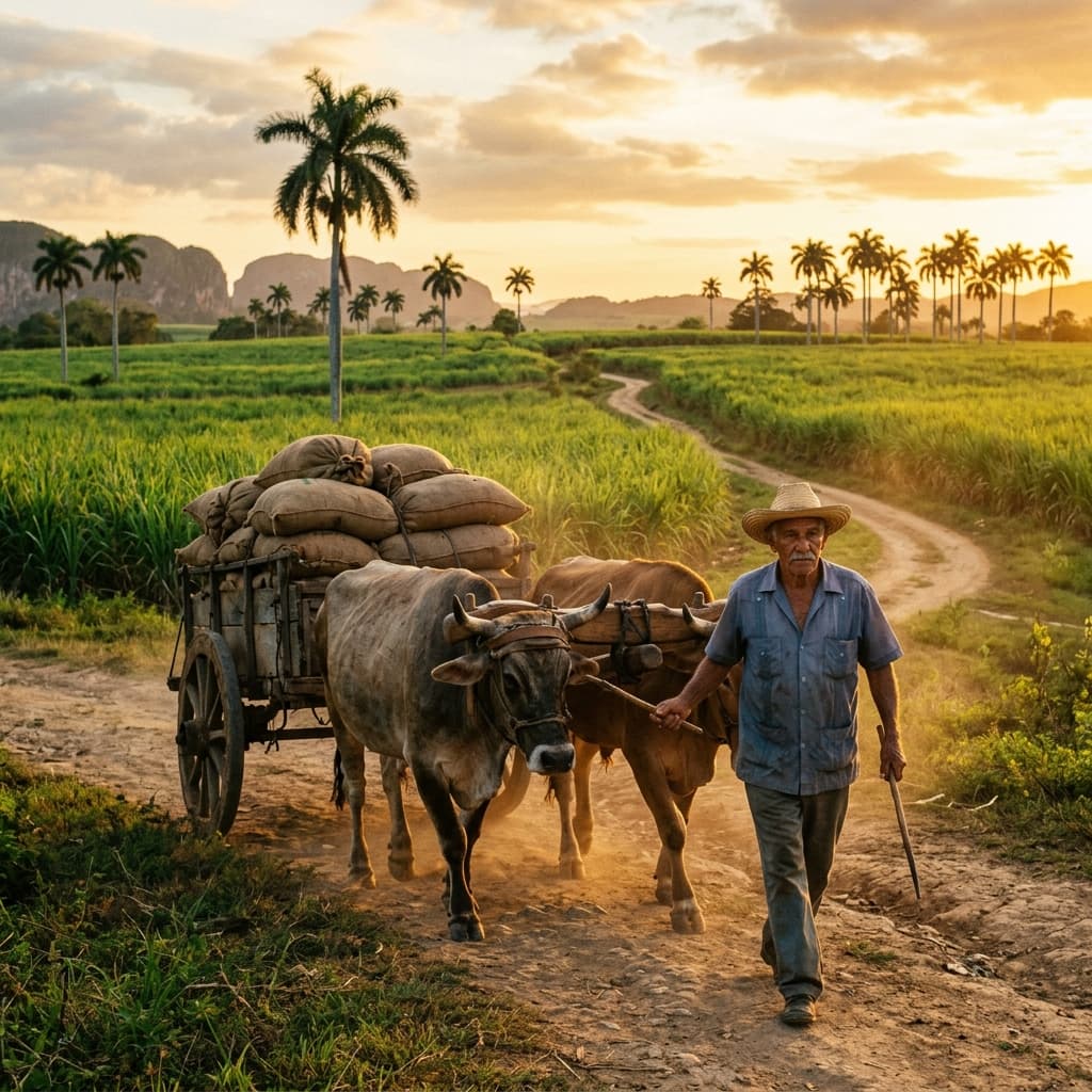 Cuban farmer with oxen carrying sacks